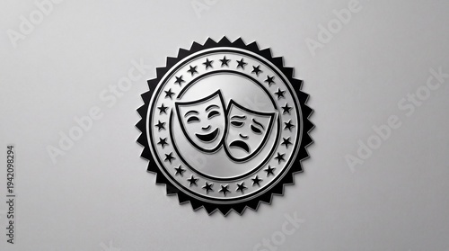 Theater masks symbolizing drama and comedy on a circular emblem with stars on a gray gradient background