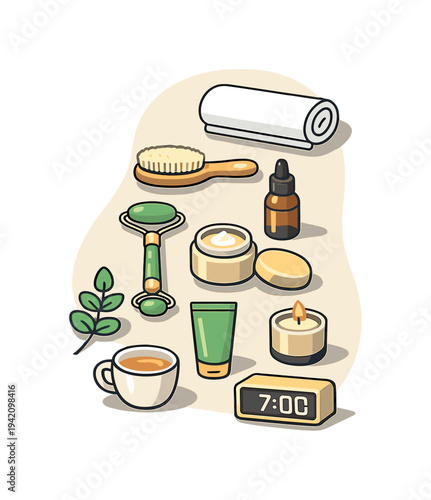 Clean morning routine self care concept viewed from above with generic wellness items aligned clearly, placed in the right third