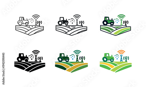 Modern Farming Icons. Precision agriculture icon showing stylized crop fields, irrigation, tractors, and sensor networks
