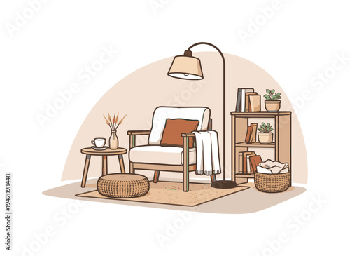 Japandi Reading Nook. Calm cozy reading nook essentials with seating and lighting slightly angled for balance shown from front