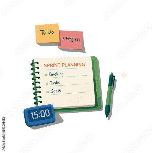 Minimal agile sprint planning concept with notebook pen sticky notes and timer loosely arranged seen from a top-down angle,
