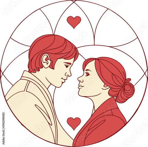 Red haired couple facing each other in stained glass style
