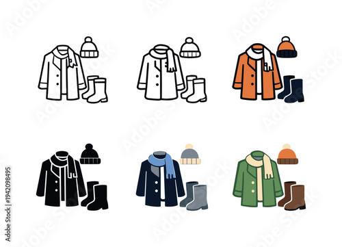 Seasonal fashion icon showing stylized clothing items such as coats, scarves, hats, and boots arranged to represent changing