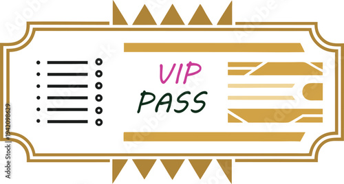 V i p pass ticket with gold border and pink and black