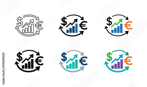 Market economy icon showing stylized currency symbols, bar charts, graphs, and trade arrows representing free trade, supply and