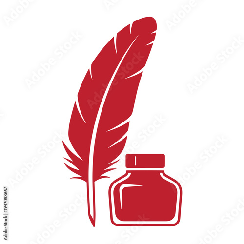 Red feather quill pen and inkwell on white background for writing and drawing