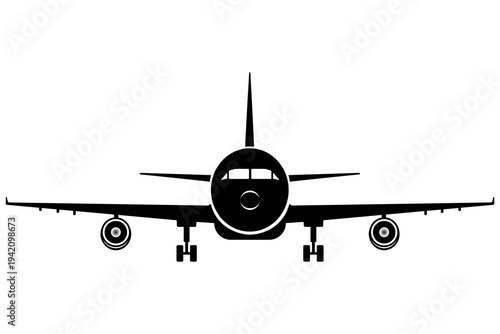 Airplane Front view passenger commercial flight black silhouette illustration isolated on white