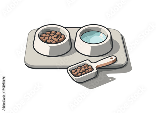 Pet food and water bowls with a scoop of kibble on a tray, clean and ready for feeding