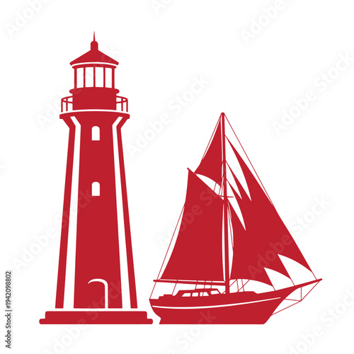 red lighthouse and sailboat silhouettes on white background nautical scene