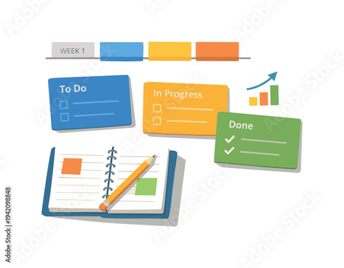 Kanban board illustration with to-do, in progress, and done tasks and timeline