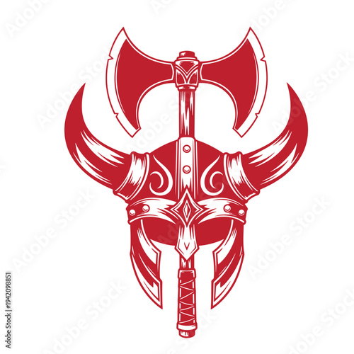 red medieval fantasy axe with curved blades and a handle  illustration of a mythical weapon