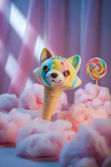 Photograph of whimsical rainbow unicorn ice cream sculpture surrounded by colorful macarons and chocolate