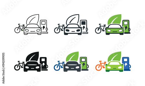 Sustainable Mobility Icons. Sustainable mobility solutions icon showing a stylized electric car, bicycle, charging station, and