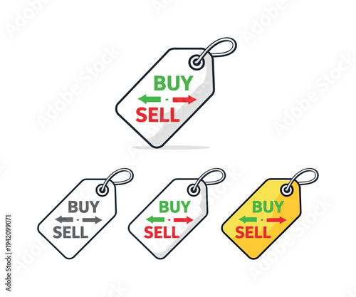Buying and selling action illustrated by a price tag with clipped corner and hanging hole shown front-facing as one clear retail