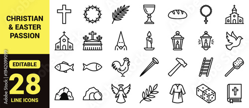 Christian and Easter Passion icon set with crosses, symbols of faith, resurrection elements, holy week imagery, and essential Christian ranking graphics in clean modern line‑art vector style