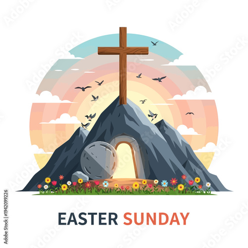 Easter Sunday Resurrection Scene: Empty Tomb, Cross on Mountain, Sunrise, Flowers, Birds