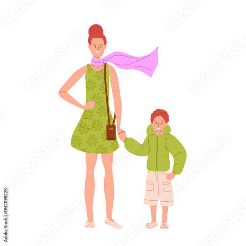 Mom with son on summer walk. Young woman with little boy in summer clothes walking outside. Vector illustration flat style.