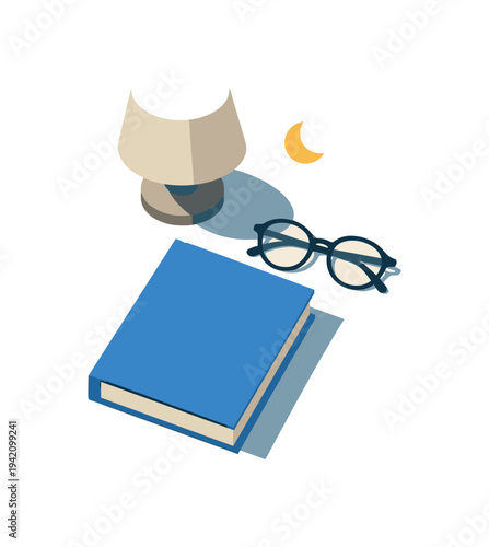 Minimal nightstand essentials set with book glasses and lamp loosely arranged seen from a top-down angle, offset to the left