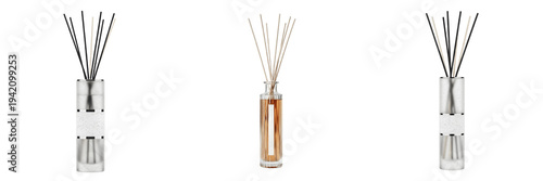 Set of Three Glass Reed Diffuser Bottles with Blank Labels Isolated on White Background - Clear Slender Fragrance Vases with Wooden Sticks for Aromatherapy and Home Scents Product Mockups PNG