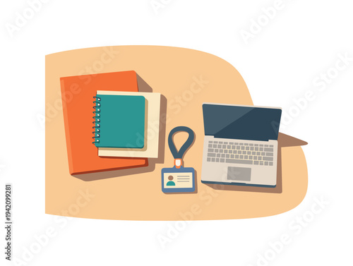New employee onboarding concept with simple welcome folder notebook ID badge and laptop arranged neatly seen from top-down view,