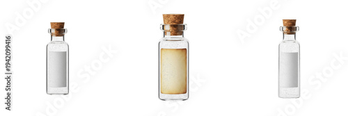 Set of Three Small Glass Vials with Cork Stoppers and Blank Labels Isolated on White Background - Clear Miniature Apothecary Bottles for Message in a Bottle, Essential Oils, and Crafting Mockups