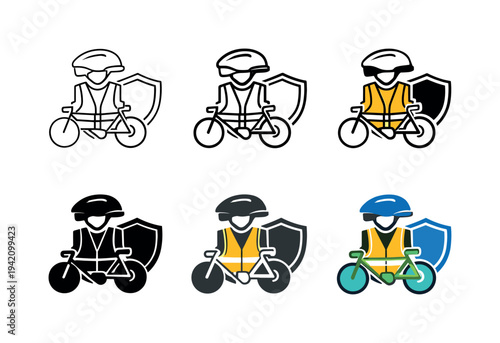 Protective riding icon combining a helmet, reflective vest, bicycle, and shield, symbolizing safety, secure cycling, and accident