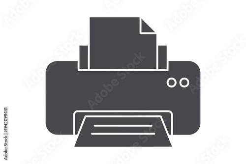 A dark grey icon of a modern printer with paper coming out, office equipment symbol.