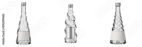 Set of Three Unique Textured Glass Water Bottles with Blank Labels Isolated on White Background - Clear Ribbed and Spiral Decorative Bottles for Premium Beverage and Product Mockups