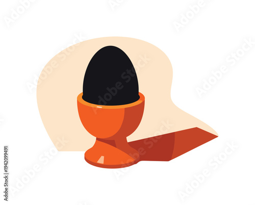 Egg silhouette standing in simple egg cup shown in 3/4 view, positioned in the left third of a 3:2 canvas with generous negative