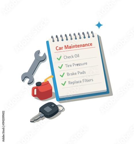 Car maintenance checklist with tools and car key, representing vehicle upkeep and service