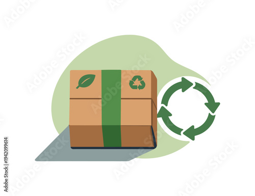 Clean sustainable packaging eco concept viewed from above with generic box and circular reuse arrows aligned clearly, placed in