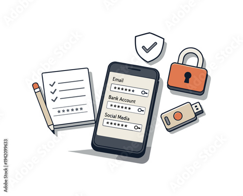 Calm password manager workflow concept with device and lock elements slightly angled for balance shown from above, arranged in