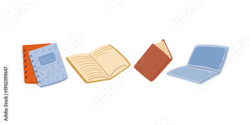 Study supplies. Notebooks and laptop. Hand drawn doodle style illustration for creative workspace, student organization