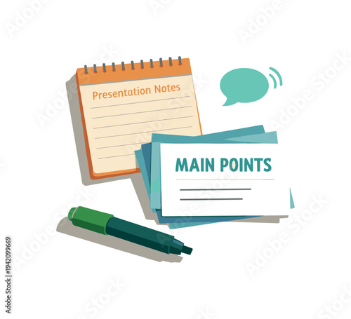 Minimal presentation preparation concept with cue cards notebook and marker loosely arranged seen from a top-down angle, offset