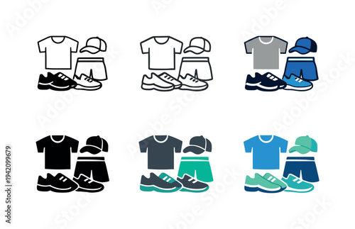 Fitness clothing icon showing stylized sportswear items including shirts, shorts, sneakers, and caps representing activewear,
