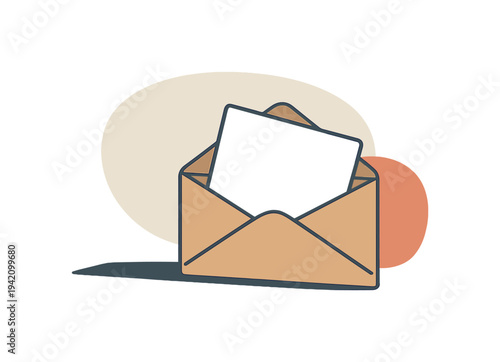 Open envelope angled slightly with card leaning out in side view, arranged in the right third of a 3:2 canvas with generous