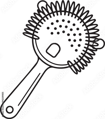 An eye-level shot captures a black and white illustration of a cocktail strainer, a vital tool for the craft of mixology and beverage preparation.