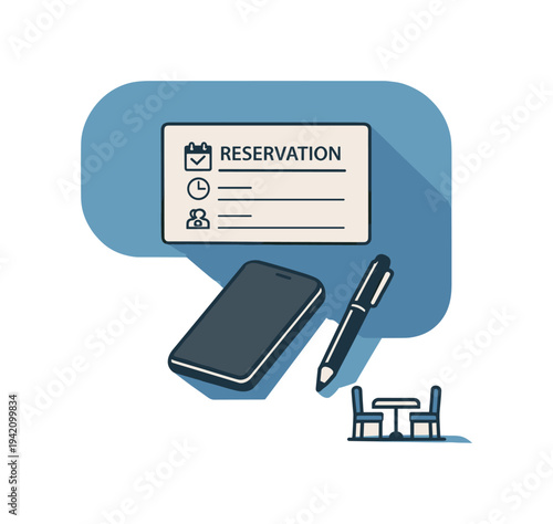 Refined contemporary restaurant reservation concept with essential reservation card pen smartphone and table icon subtly offset