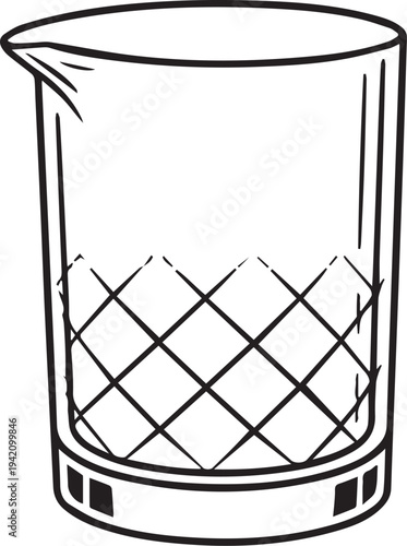 A detailed illustration of a clear, elegant cocktail mixing glass with a patterned base, perfect for creating delicious drinks and enhancing the bar experience.