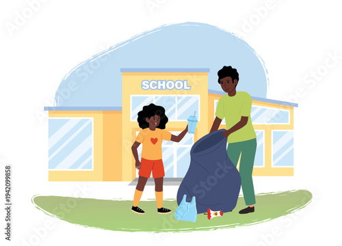 Teaching children order. School area cleanup. Girl and man collecting trash into bag. Flat vector illustration with school.