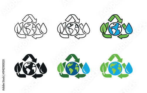 Climate awareness symbol illustrating a leaf, globe, recycling icon, and water droplet, conveying ecological responsibility,
