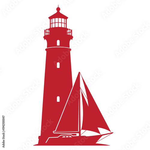 red silhouette of lighthouse and sailboat on white background  nautical scene