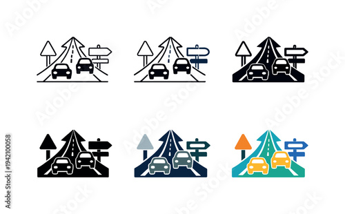 Long-distance travel icon showing stylized highways, cars, road signs, and directional arrows representing road travel, commuting