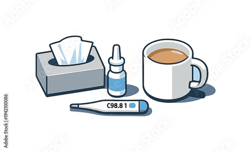 Clean cold season care essentials viewed from above with generic mug thermometer nasal spray and tissues aligned clearly, placed