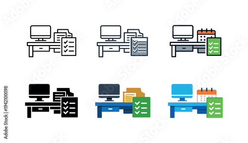 Office management icon depicting desks, computers, documents, calendars, and checklists representing daily office tasks,