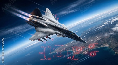 A futuristic fighter jet with afterburners flying high above Earth's atmosphere with a targeting display.