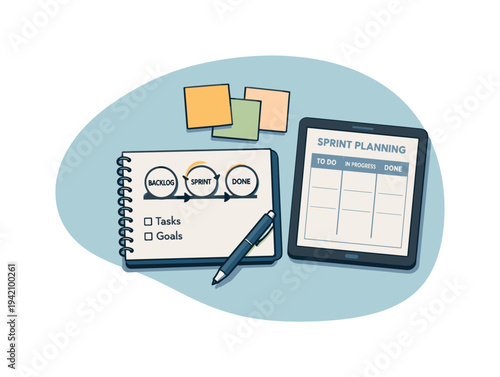 Clean agile sprint planning concept viewed from above with generic notebook sticky notes pen and tablet aligned clearly, placed