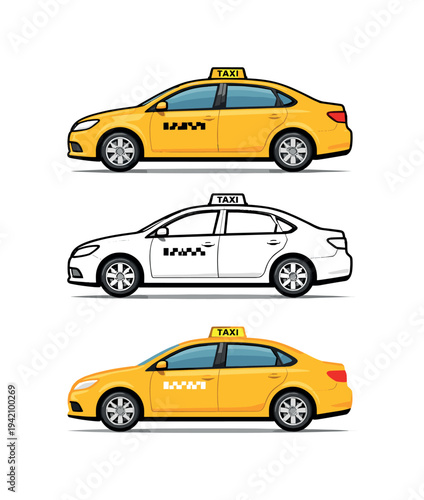 Professional transit context depicted as a compact taxi car with roof sign and four doors shown in side view as one urban