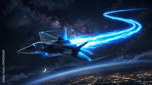 A futuristic stealth fighter jet with a glowing blue energy trail soaring above Earth's illuminated cities under a starry night sky with the Milky Way and a crescent moon.