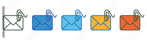 Email attachment icon set multiple style collection including line art, solid, and colorful flat buttons for document uploads and messaging app interface development